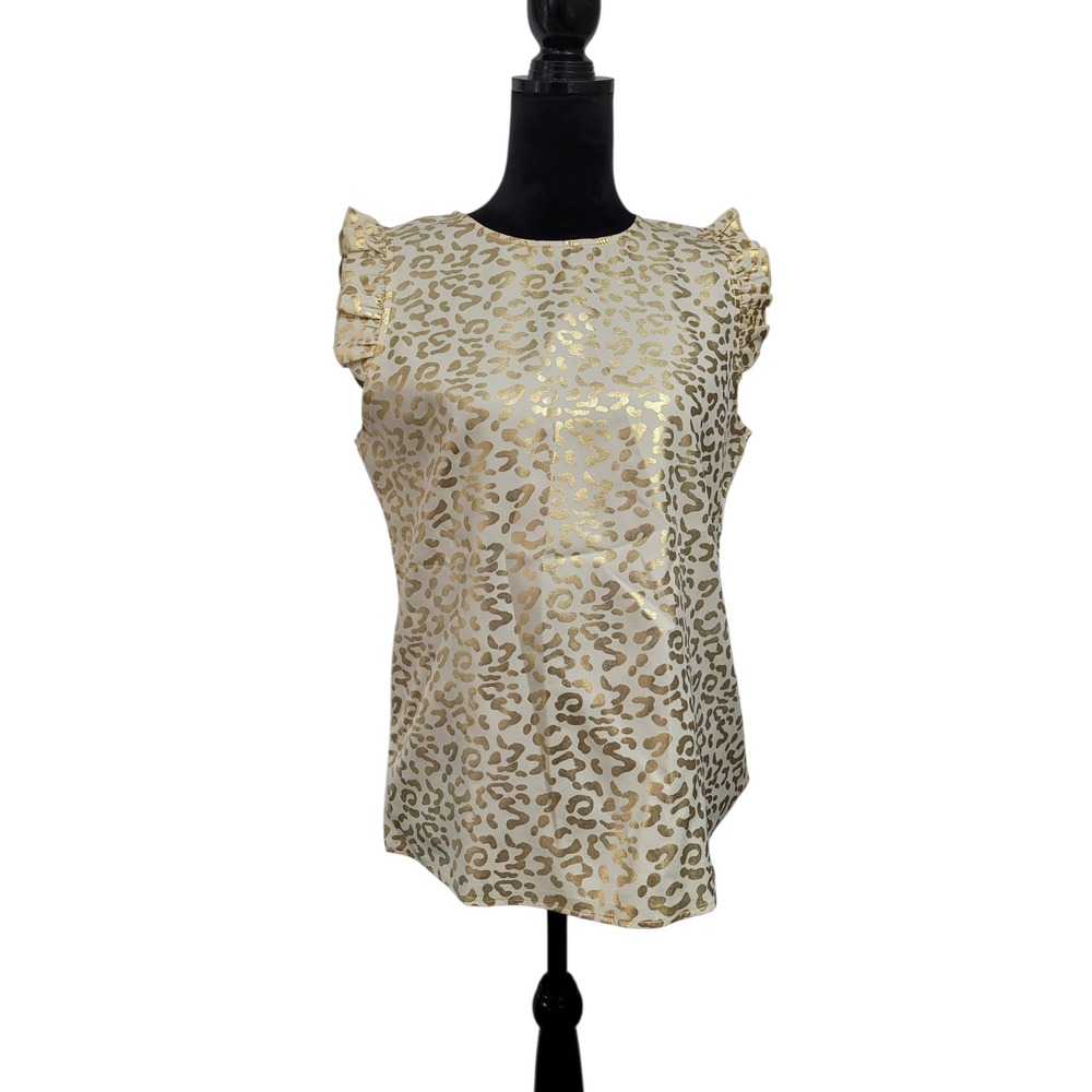 ANDTHEWHY Gold Metallic Leopard Print Ruffle Sleeve Blouse Cream Medium